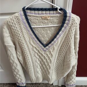Hem & Thread Cream V-Neck Sweater with Purple and Blue Trim